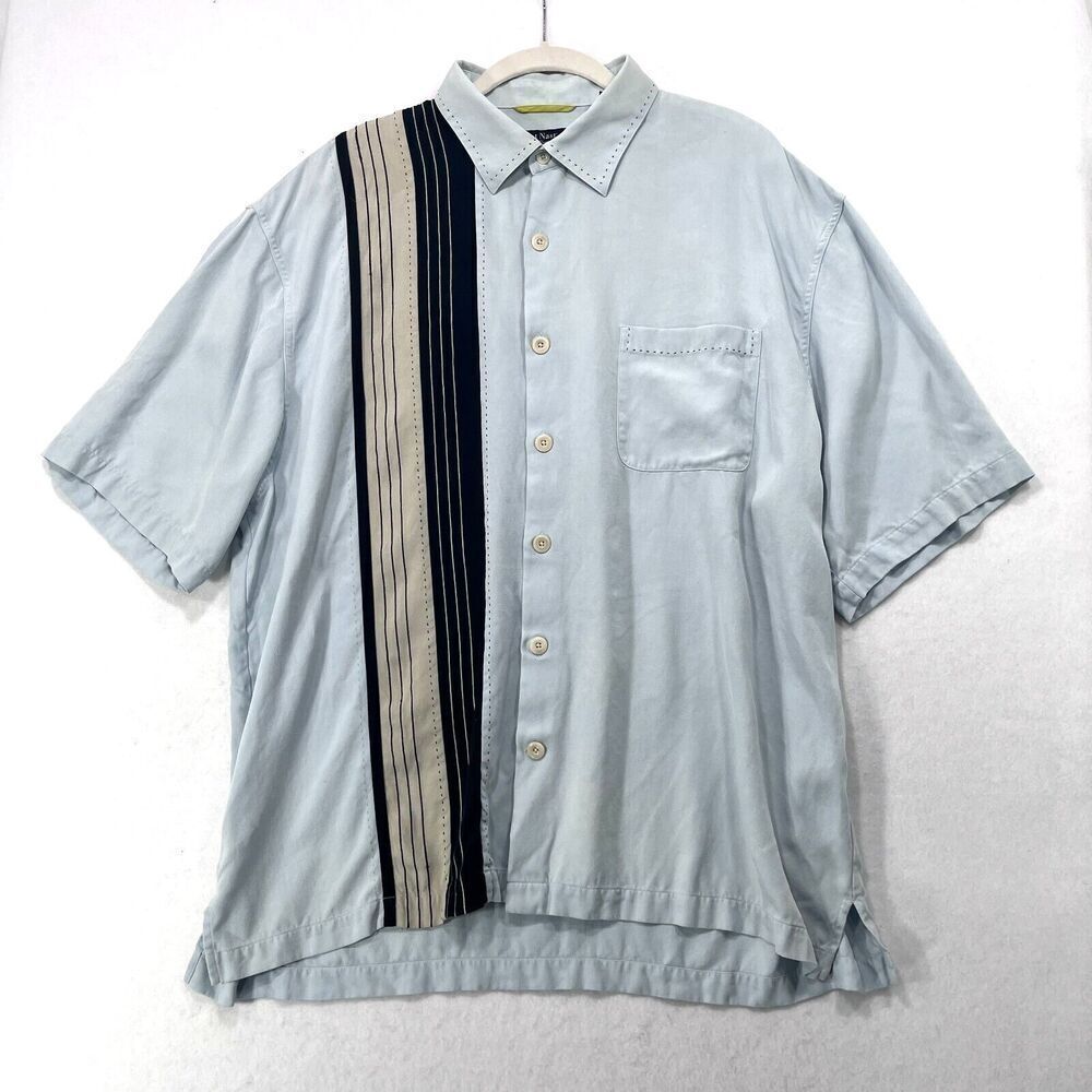 Nat Nast Shirt Men XL Light Blue 100% Silk Short Sleeve Retro Sopranos Classic